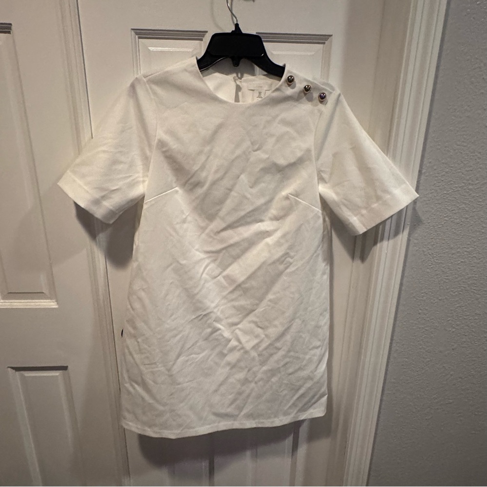 H&M White Shift Dress Small Minimalist Gold Button Shoulder Short Sleeve
